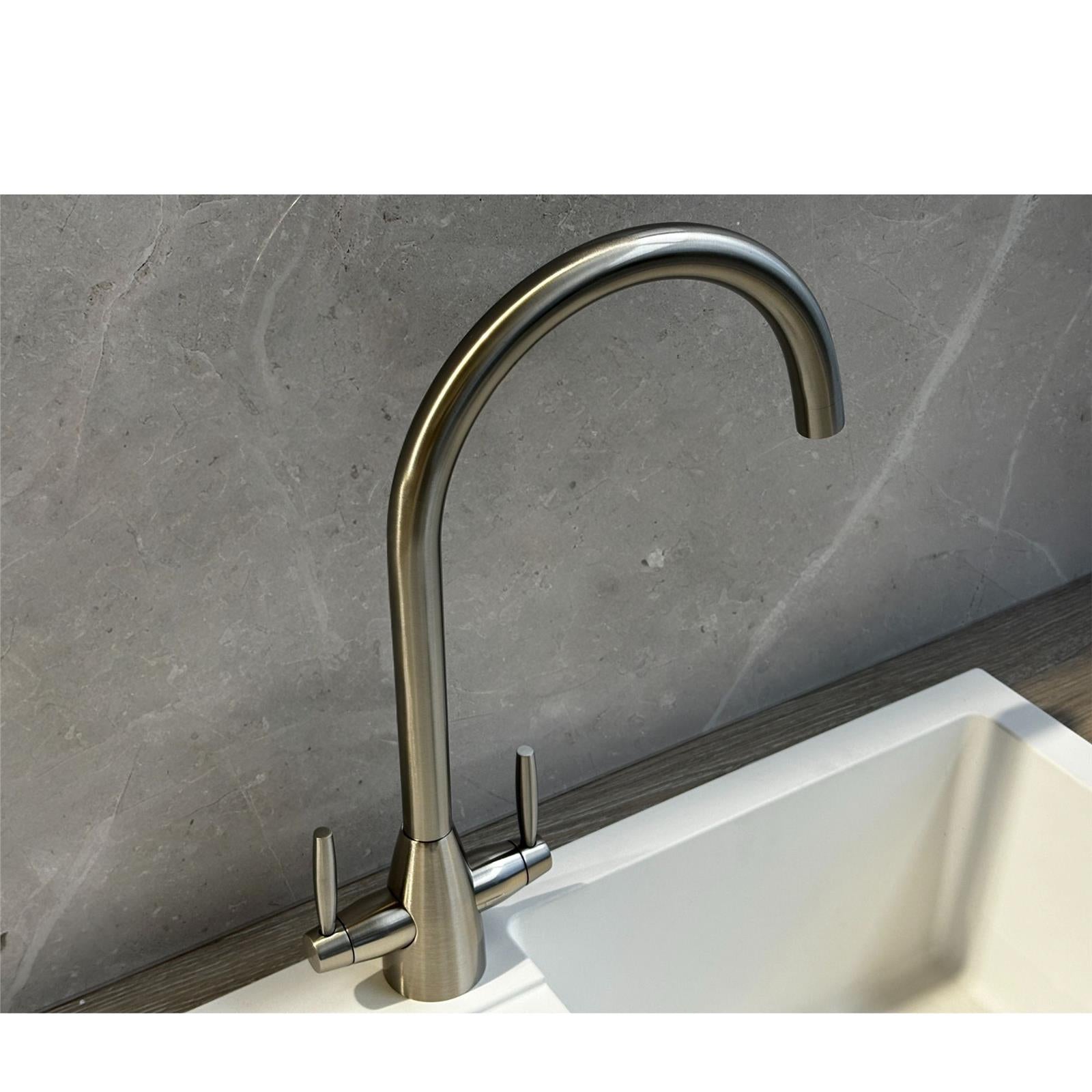 Liquida LT03BN Monobloc Swan Neck Twin Lever Brushed Nickel Kitchen Mixer Tap